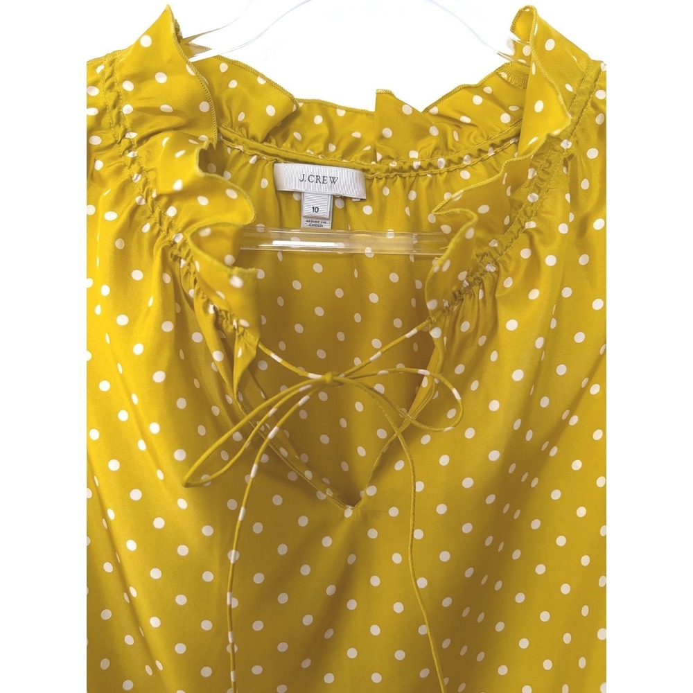 J.Crew Naomi 100% Silk Mustard Polka Dot Ruffle Tie Neck Blouse Size 10 - Picture 4 of 8